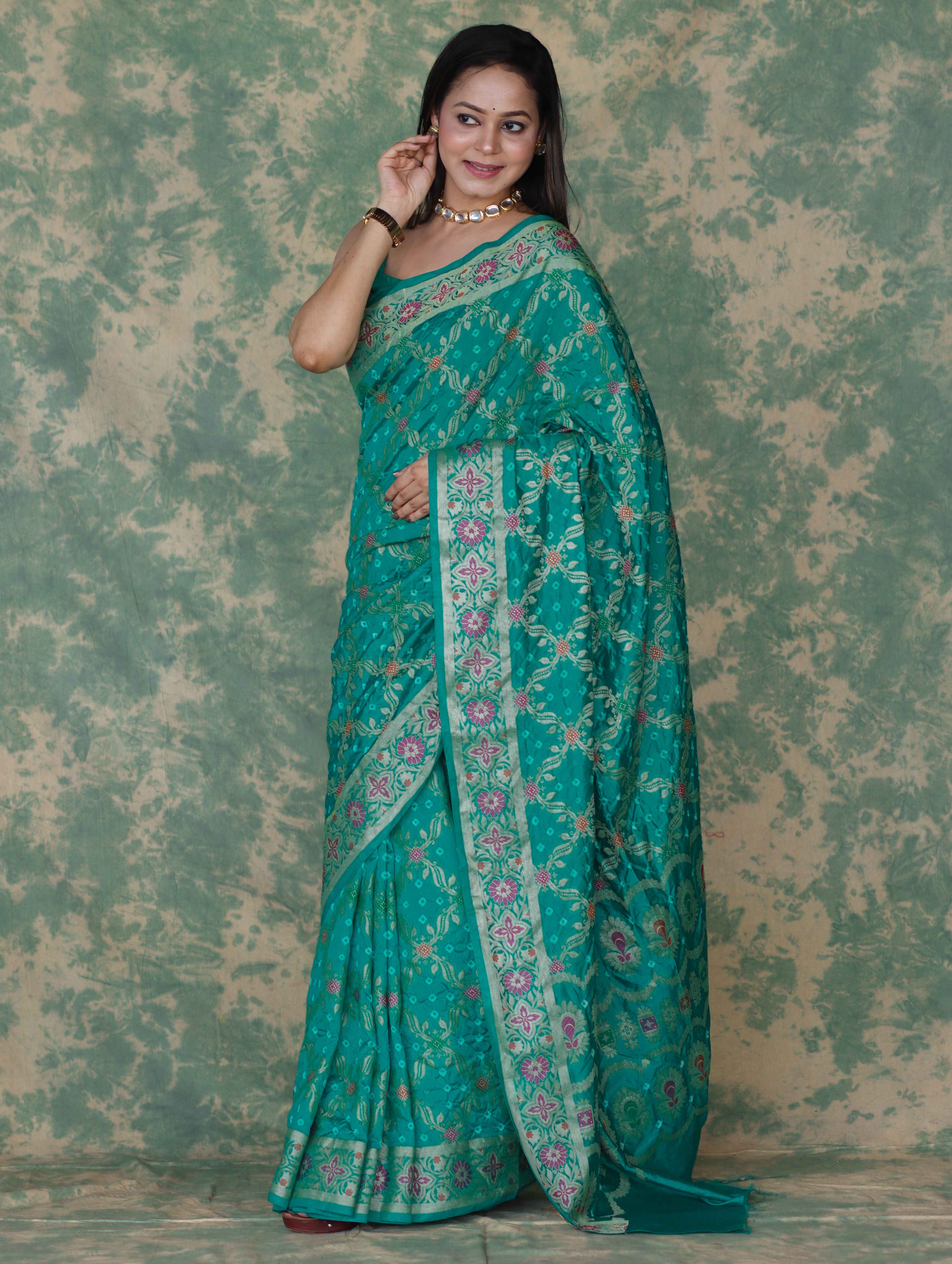 Banarasee Handloom Semi Silk Bandhej Saree With Broad Zari Floral Border-Turquoise Green