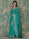 Banarasee Handloom Semi Silk Bandhej Saree With Broad Zari Floral Border-Turquoise Green