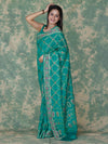Banarasee Handloom Semi Silk Bandhej Saree With Broad Zari Floral Border-Turquoise Green