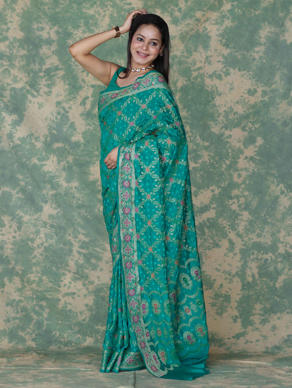 Banarasee Handloom Semi Silk Bandhej Saree With Broad Zari Floral Border-Turquoise Green