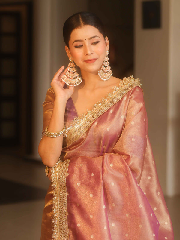 Banarasee Handwoven Tissue Saree Zari Buti With Lace-Purple