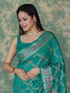 Banarasee Handloom Semi Silk Bandhej Saree With Broad Zari Floral Border-Turquoise Green