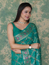 Banarasee Handloom Semi Silk Bandhej Saree With Broad Zari Floral Border-Turquoise Green