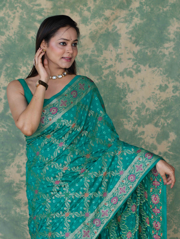 Banarasee Handloom Semi Silk Bandhej Saree With Broad Zari Floral Border-Turquoise Green