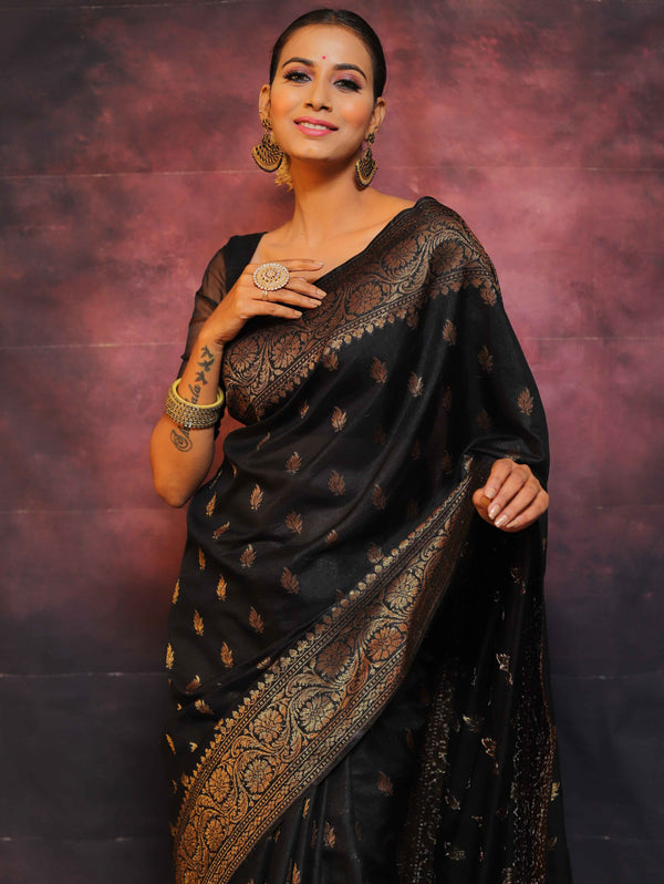 Banarasee Semi-Chiffon Saree With Antique Gold Zari Work-Black