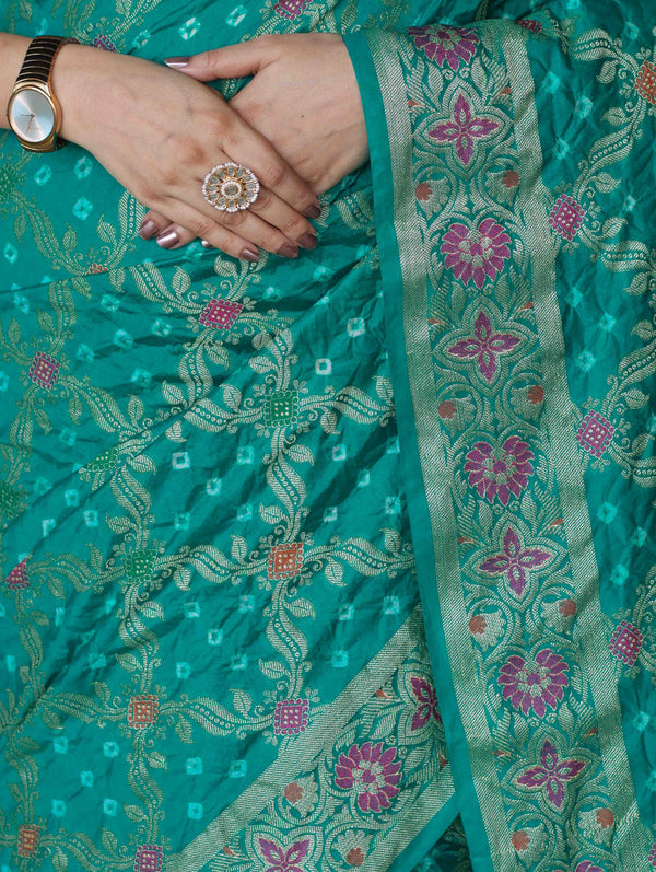 Banarasee Handloom Semi Silk Bandhej Saree With Broad Zari Floral Border-Turquoise Green