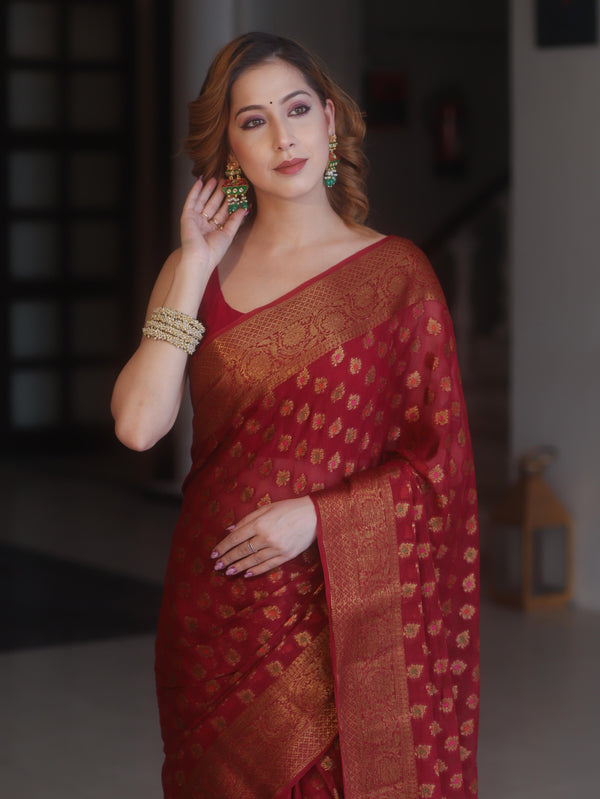 Banarasee Pure Chiffon Saree With Antique Zari Buti Design & Border-Maroon