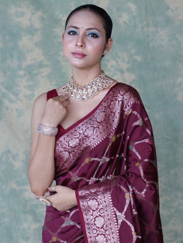 Banarasee Handloom Semi Silk Saree With Zari Jaal Work & Floral Border-Burgundy