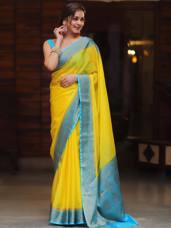 Banarasee Handwoven Semi Silk Plain Saree With Zari Contrast Border-Yellow & Blue