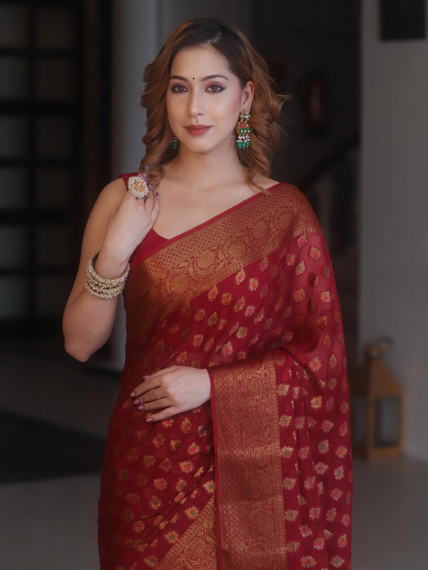 Banarasee Pure Chiffon Saree With Antique Zari Buti Design & Border-Maroon