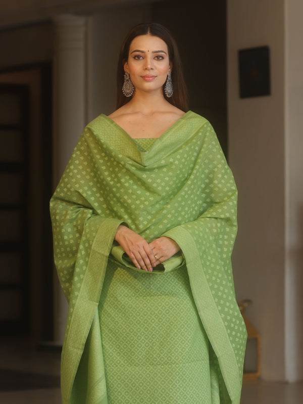 Banarasee Handloom Pure Cotton Silk Salwar Kameez Fabric With Dupatta-Green