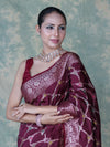 Banarasee Handloom Semi Silk Saree With Zari Jaal Work & Floral Border-Burgundy