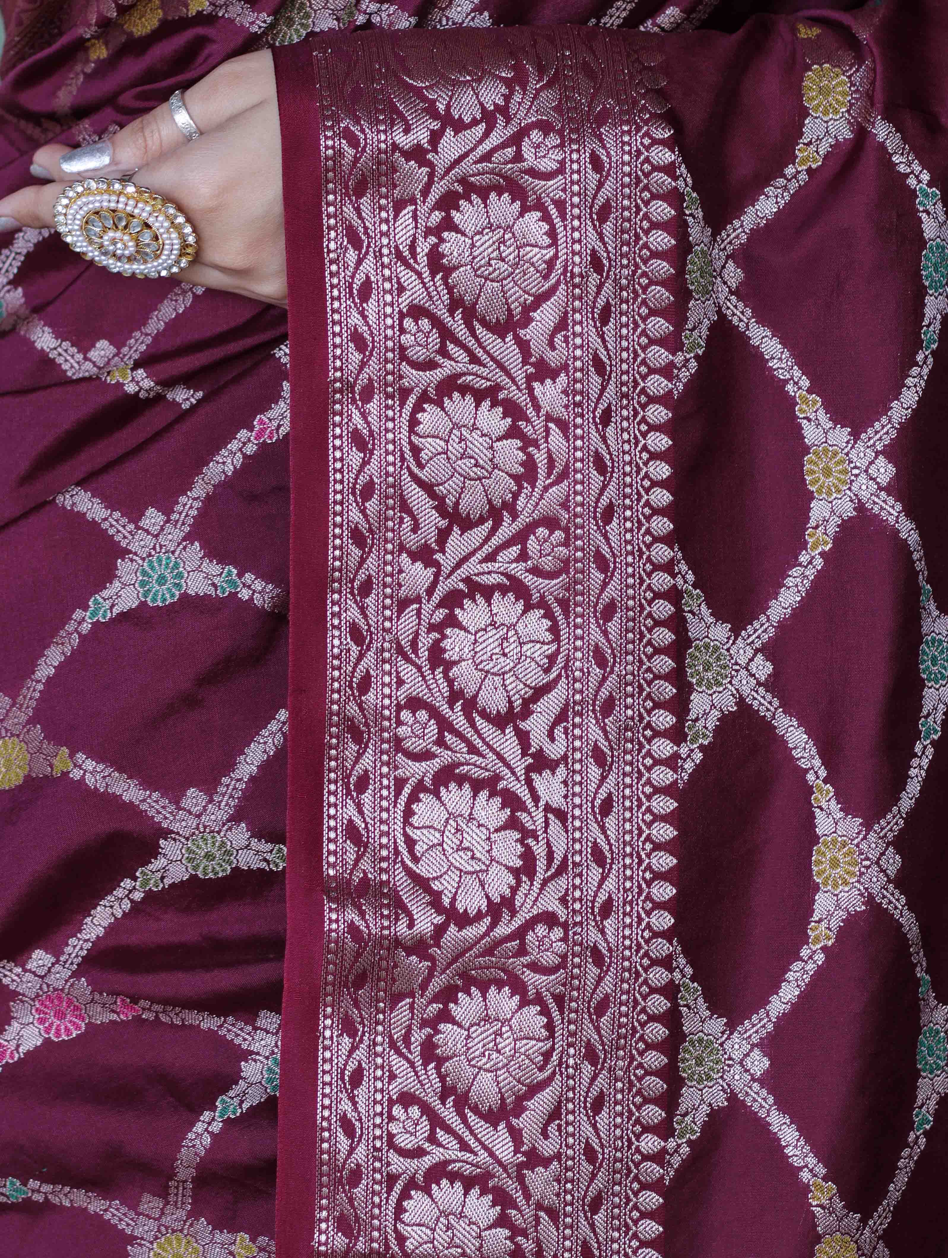 Banarasee Handloom Semi Silk Saree With Zari Jaal Work & Floral Border-Burgundy