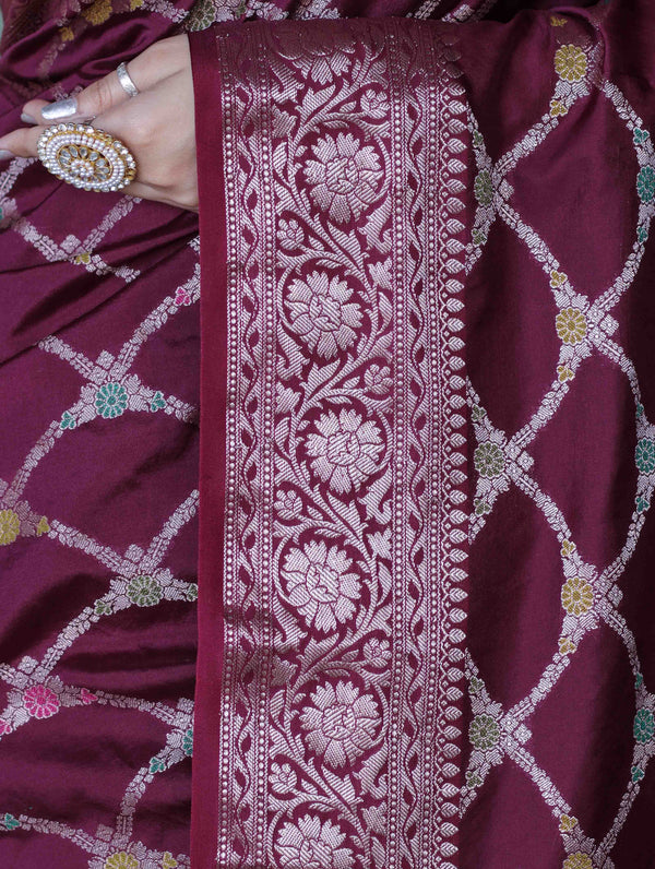 Banarasee Handloom Semi Silk Saree With Zari Jaal Work & Floral Border-Burgundy
