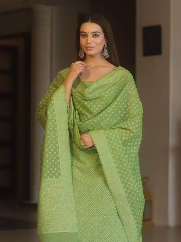 Banarasee Handloom Pure Cotton Silk Salwar Kameez Fabric With Dupatta-Green