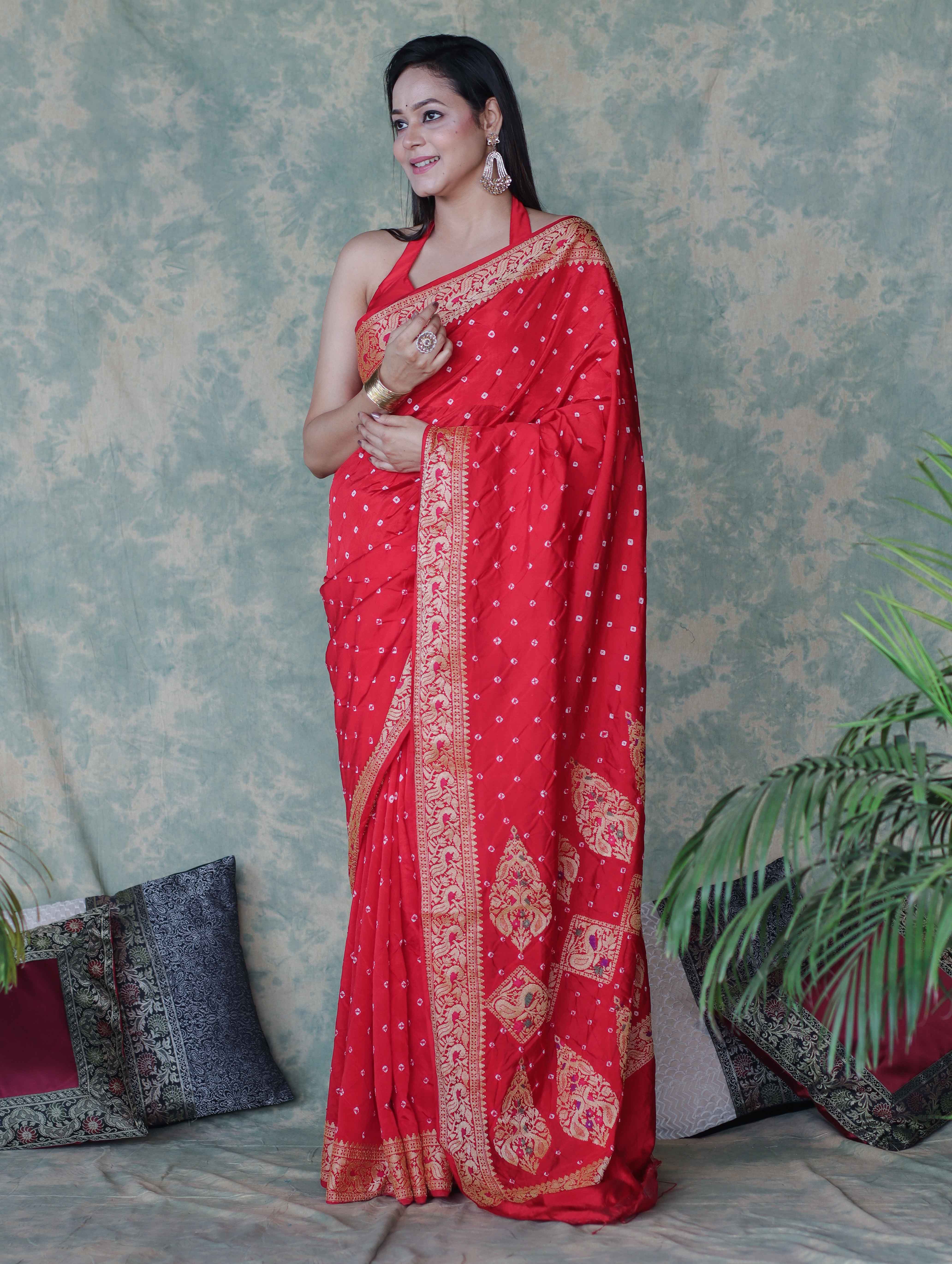 Banarasee Handloom Semi Silk Bandhej Saree With Broad Zari Floral Border-Red