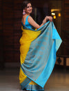 Banarasee Handwoven Semi Silk Plain Saree With Zari Contrast Border-Yellow & Blue