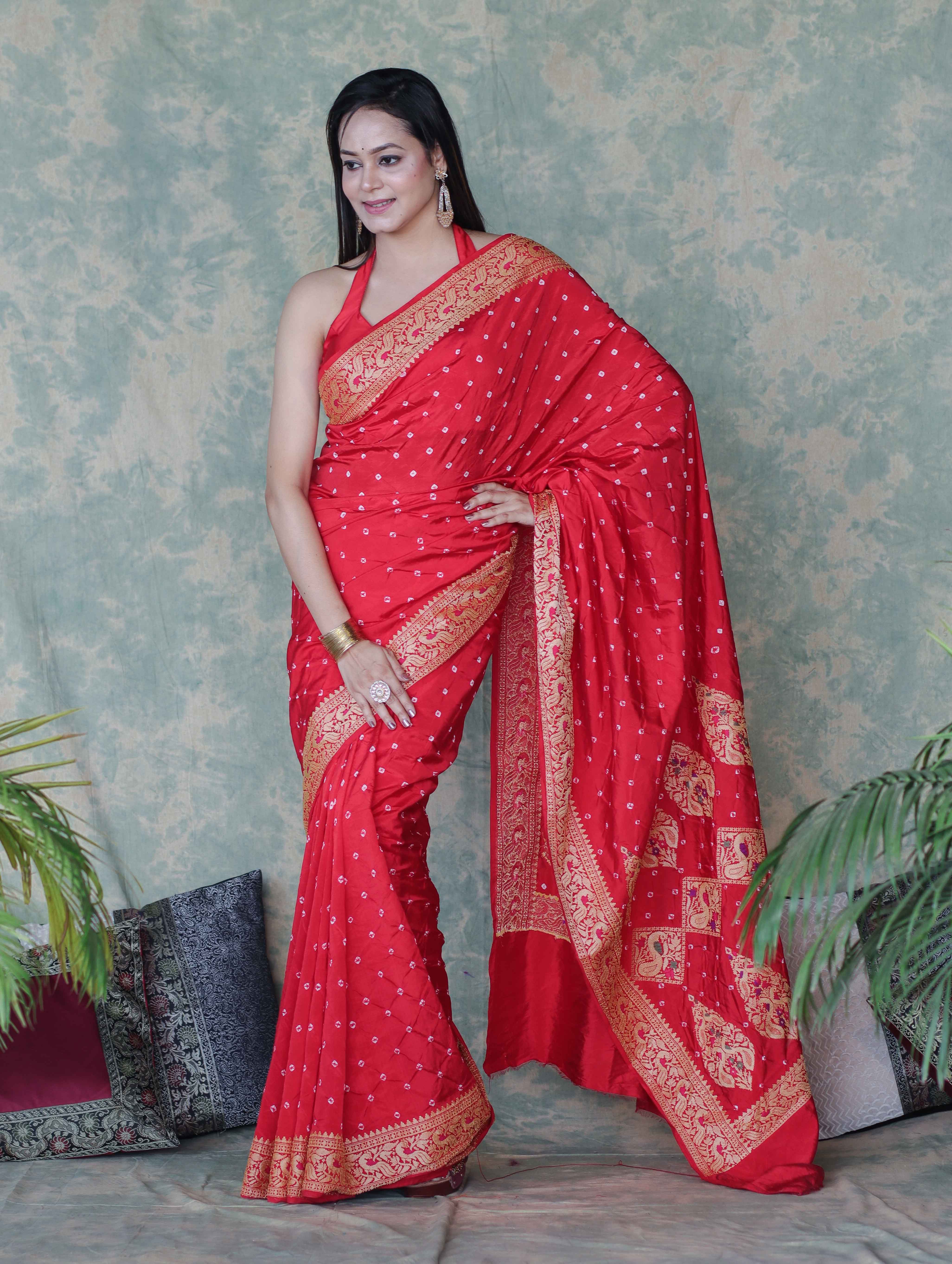 Banarasee Handloom Semi Silk Bandhej Saree With Broad Zari Floral Border-Red