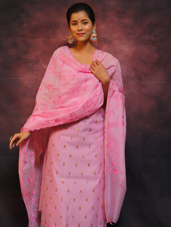 Banarasee Chanderi Cotton Embroidered Salwar Kameez Fabric With Dupatta-Pink
