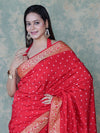 Banarasee Handloom Semi Silk Bandhej Saree With Broad Zari Floral Border-Red