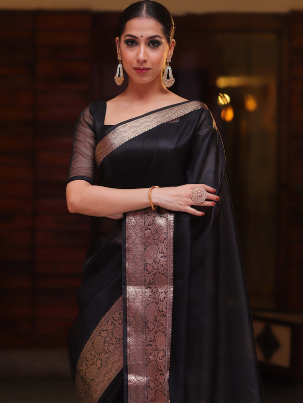 Banarasee Organza Mix Saree With Zari Border-Black