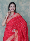Banarasee Handloom Semi Silk Bandhej Saree With Broad Zari Floral Border-Red