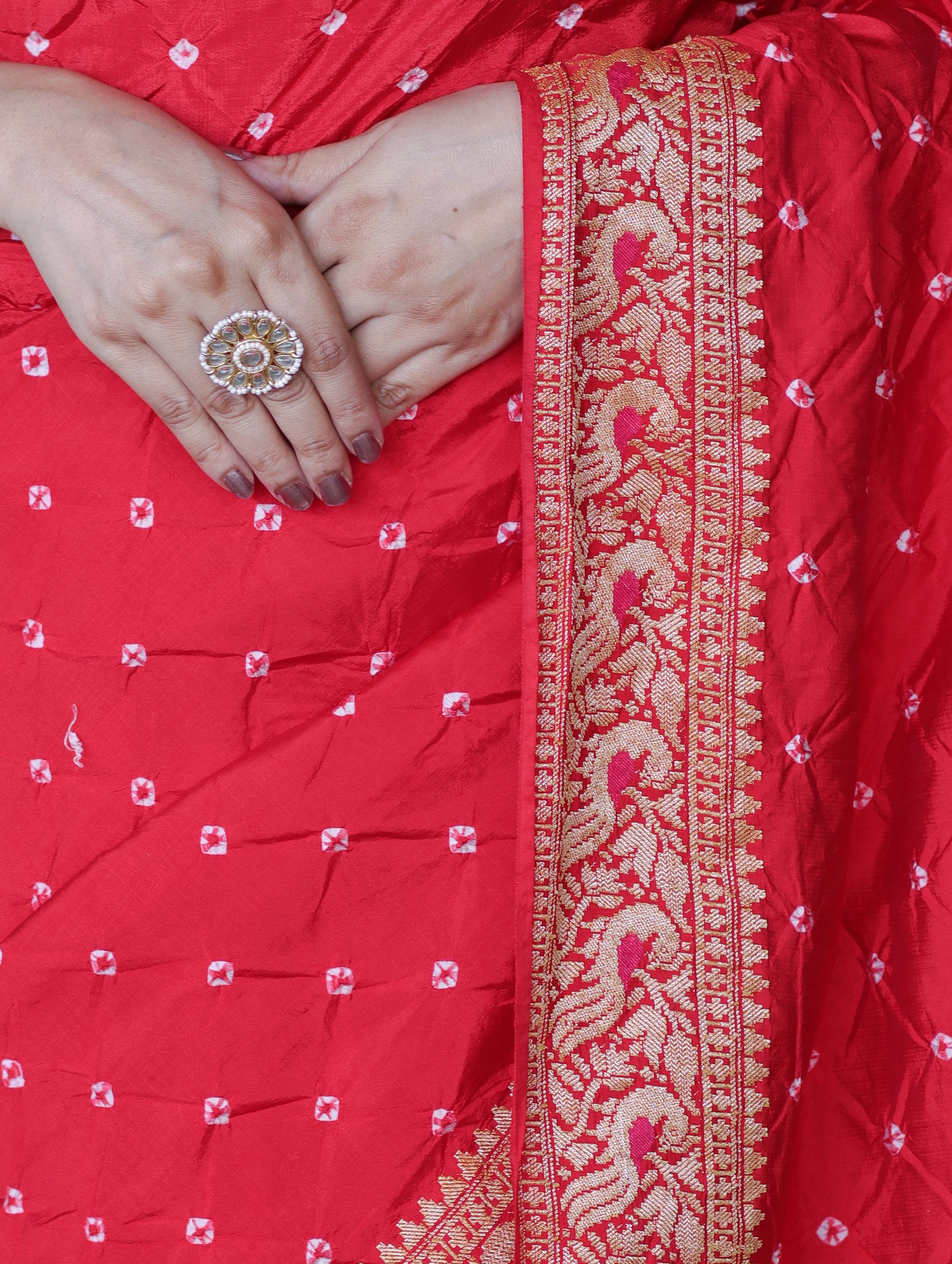 Banarasee Handloom Semi Silk Bandhej Saree With Broad Zari Floral Border-Red