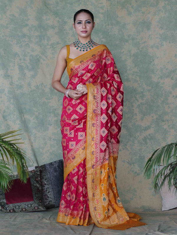 Banarasee Handloom Semi Silk Bandhej Saree With Zari Work & Contrast Border-Pink & Mustard Yellow