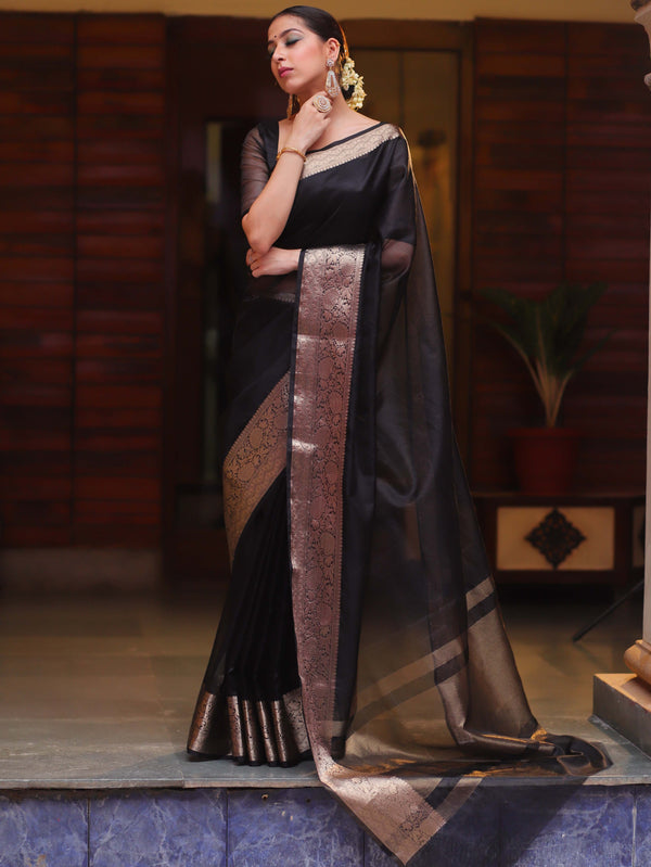 Banarasee Organza Mix Saree With Zari Border-Black