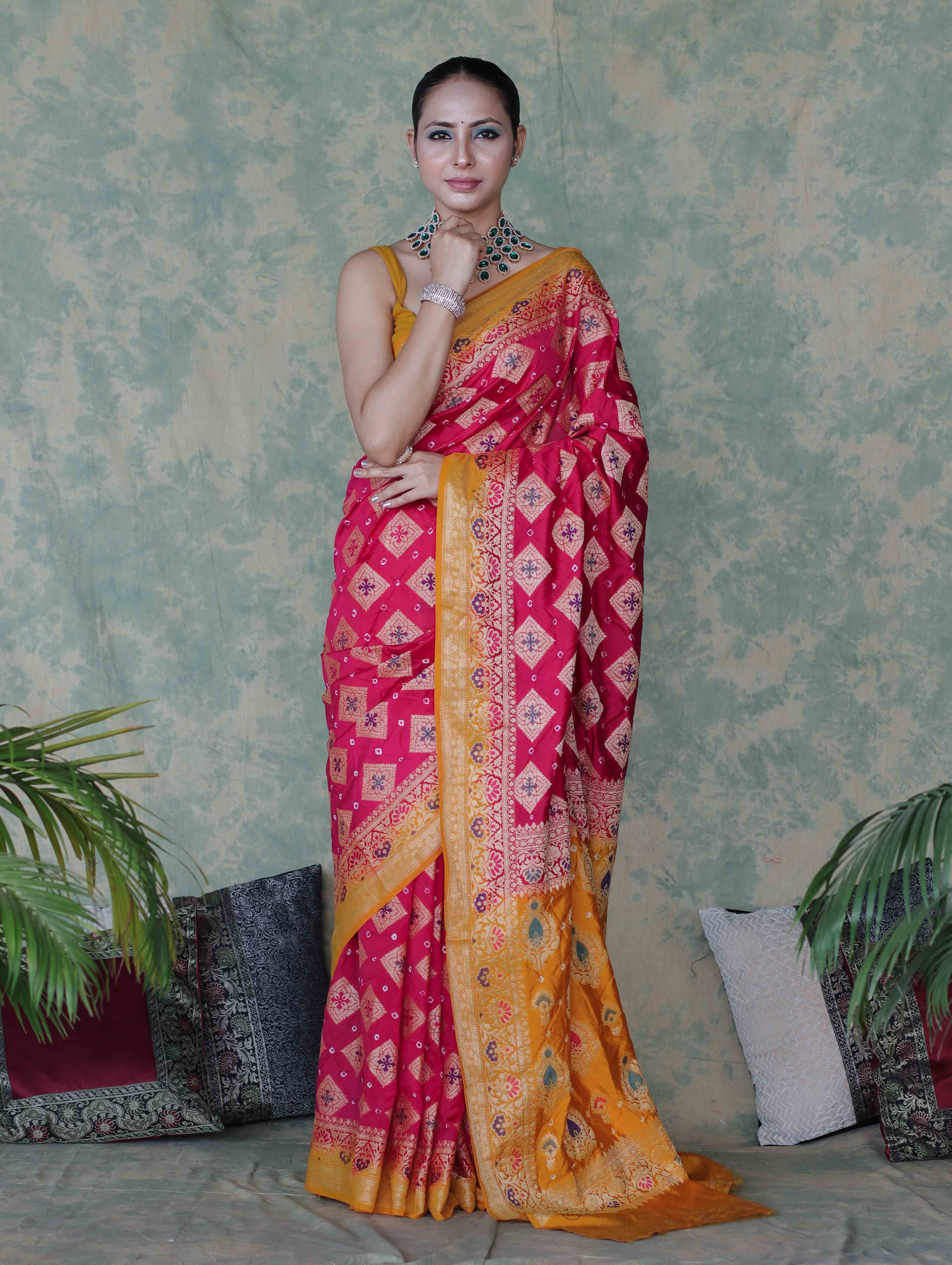 Banarasee Handloom Semi Silk Bandhej Saree With Zari Work & Contrast Border-Pink & Mustard Yellow