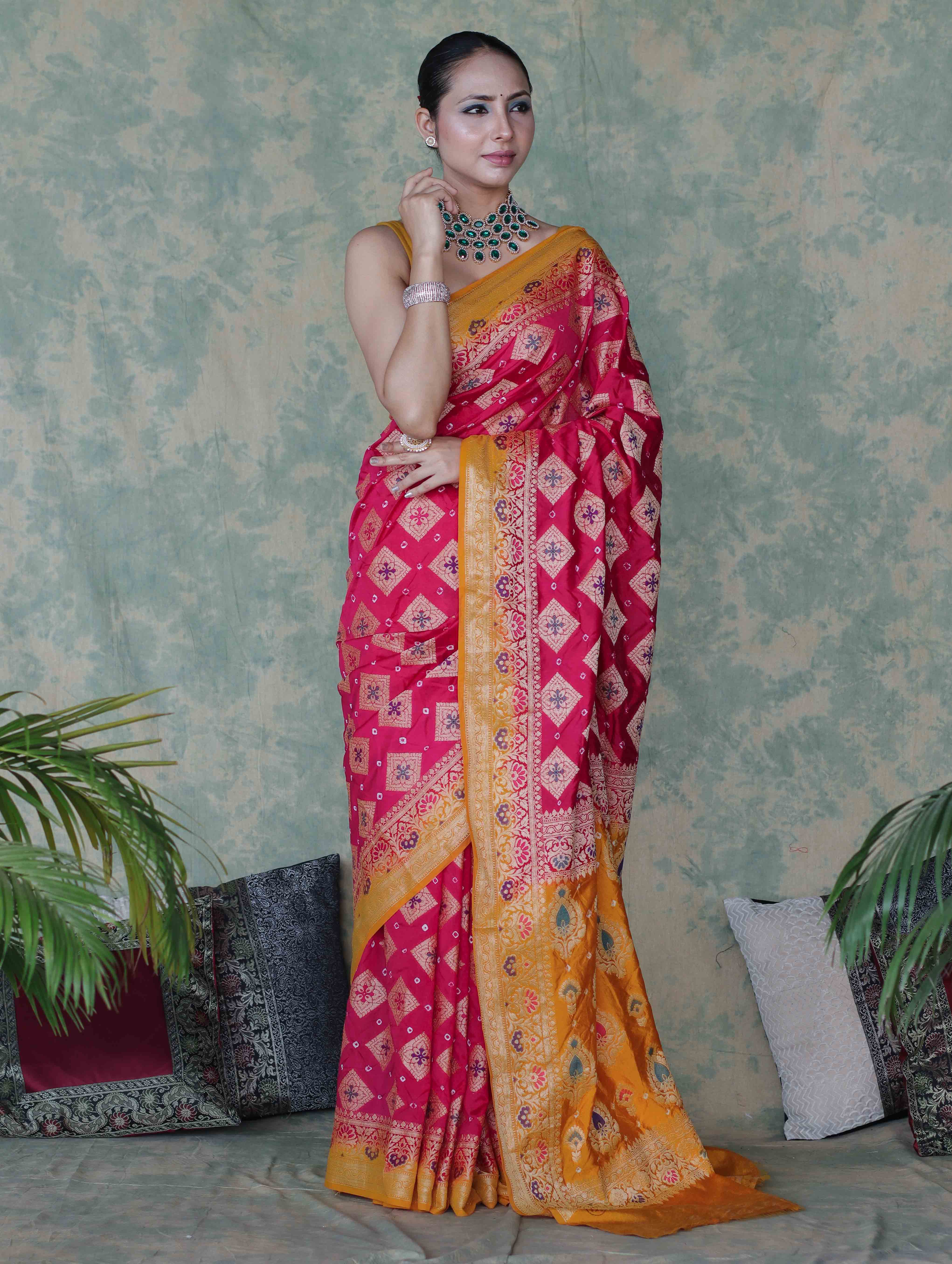 Banarasee Handloom Semi Silk Bandhej Saree With Zari Work & Contrast Border-Pink & Mustard Yellow
