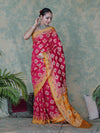 Banarasee Handloom Semi Silk Bandhej Saree With Zari Work & Contrast Border-Pink & Mustard Yellow
