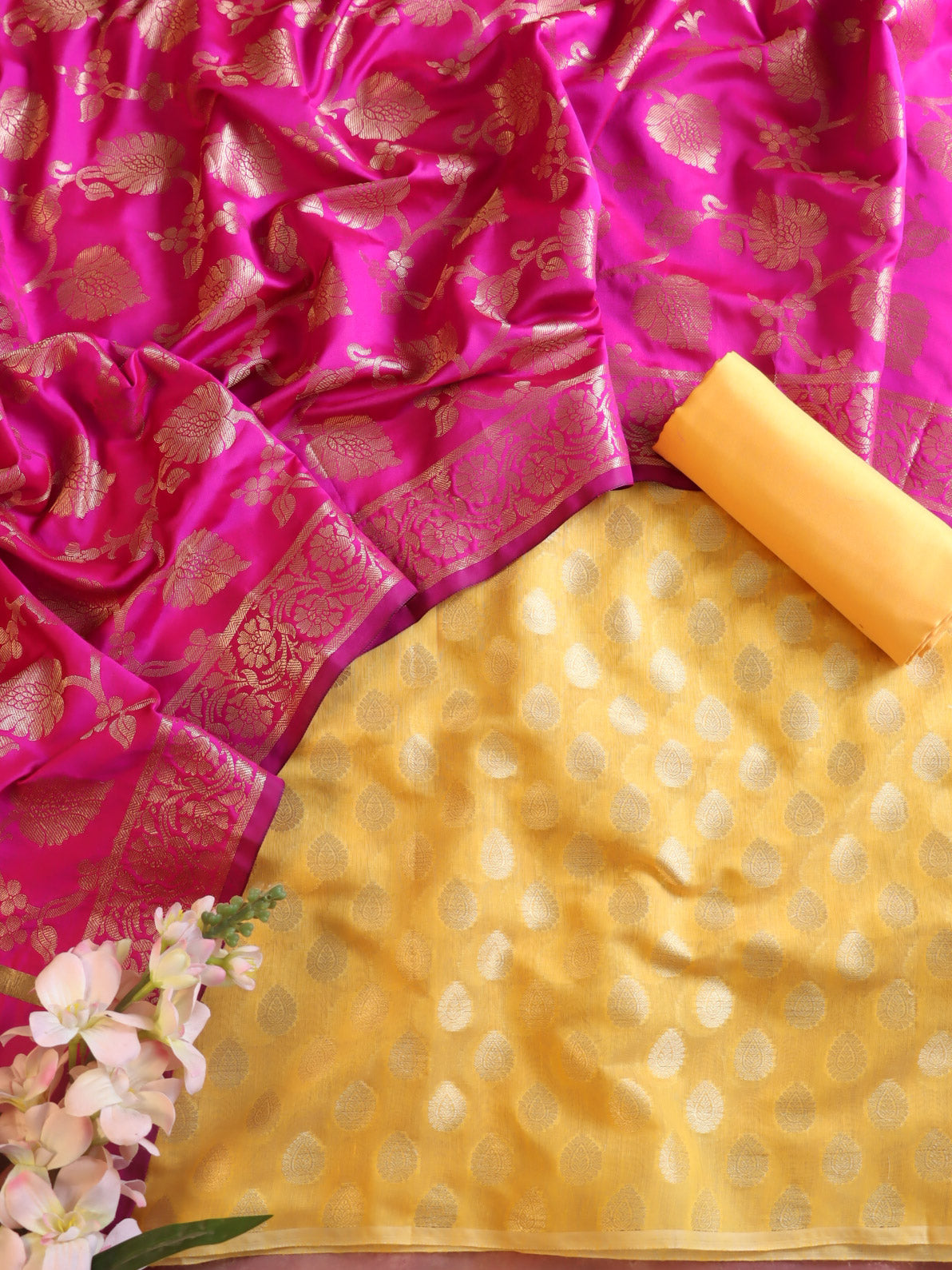 Banarasee Semi-Silk Salwar Kameez Fabric With Dupatta Set-Pink & Yellow