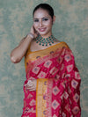 Banarasee Handloom Semi Silk Bandhej Saree With Zari Work & Contrast Border-Pink & Mustard Yellow