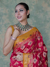 Banarasee Handloom Semi Silk Bandhej Saree With Zari Work & Contrast Border-Pink & Mustard Yellow