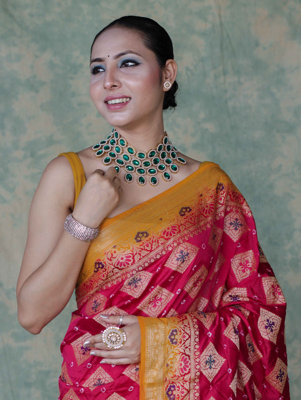 Banarasee Handloom Semi Silk Bandhej Saree With Zari Work & Contrast Border-Pink & Mustard Yellow