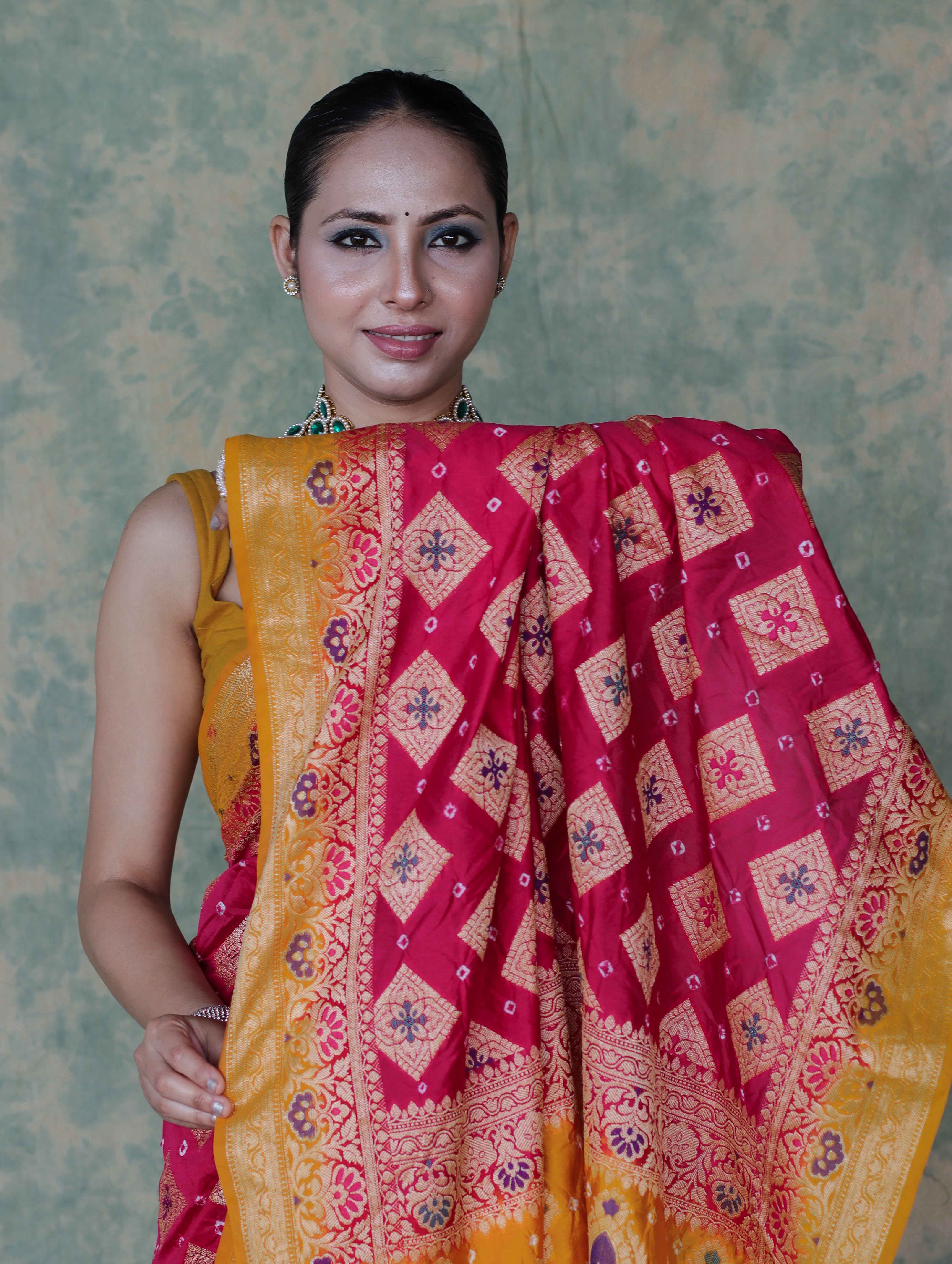 Banarasee Handloom Semi Silk Bandhej Saree With Zari Work & Contrast Border-Pink & Mustard Yellow