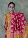Banarasee Handloom Semi Silk Bandhej Saree With Zari Work & Contrast Border-Pink & Mustard Yellow