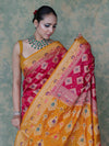 Banarasee Handloom Semi Silk Bandhej Saree With Zari Work & Contrast Border-Pink & Mustard Yellow