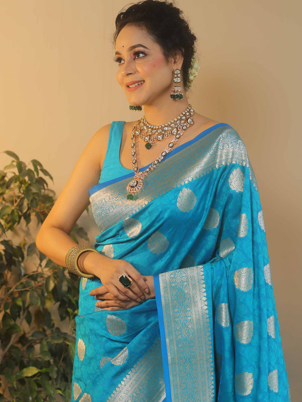Banarasee Handwoven Semi-Katan Tanchoi Weaving Floral Border Saree-Blue