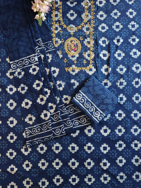 Handloom Gotapattti Mul Cotton Handblock Printed Suit Set-Blue
