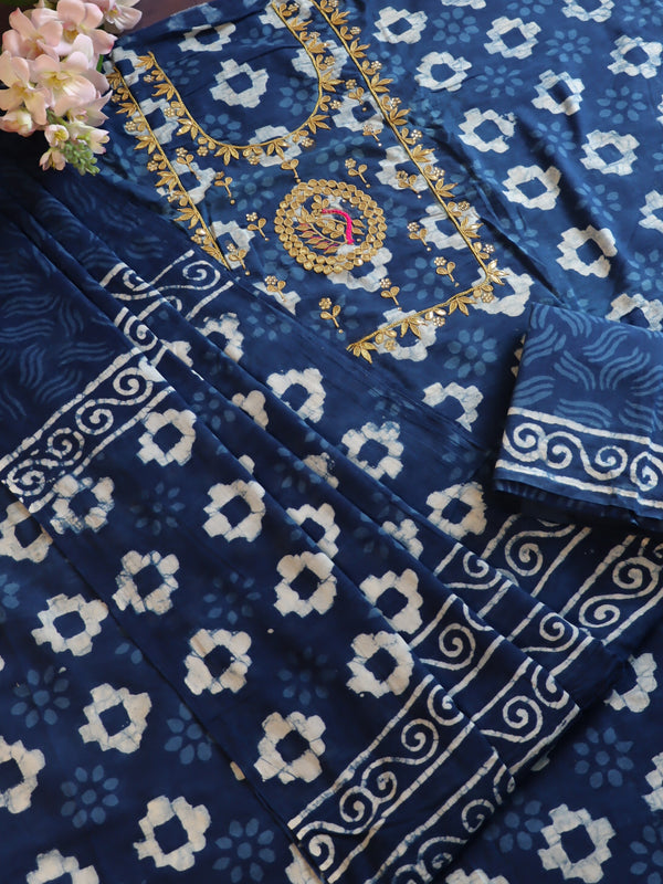 Handloom Gotapattti Mul Cotton Handblock Printed Suit Set-Blue