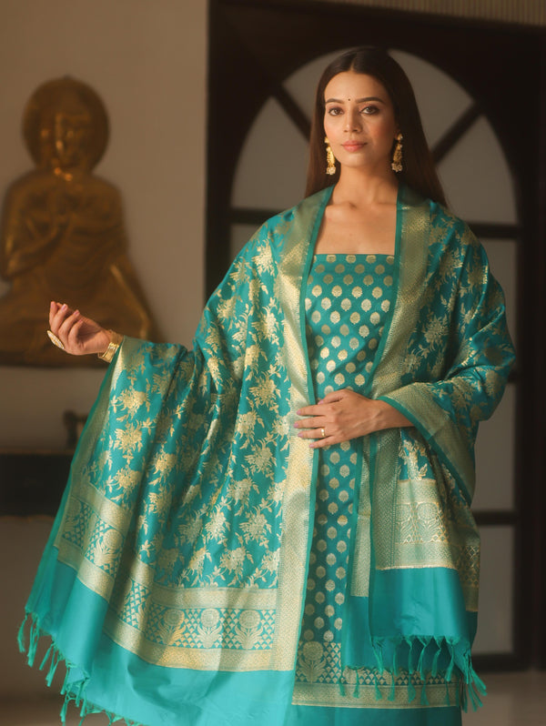 Banarasee Zari Work Semi Katan Salwar Kameez Fabric With Dupatta-Rama Green