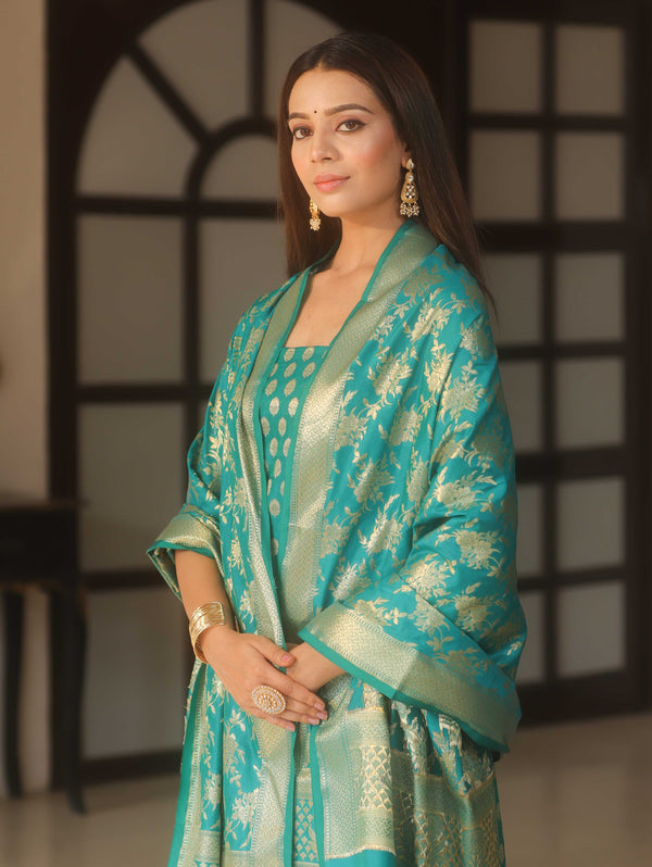 Banarasee Zari Work Semi Katan Salwar Kameez Fabric With Dupatta-Rama Green