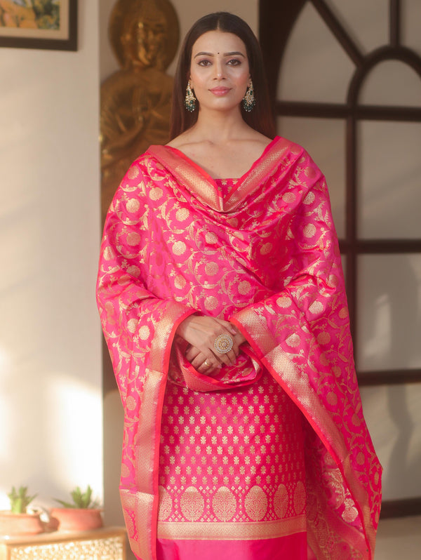 Banarasee Zari Work Semi Katan Salwar Kameez Fabric With Dupatta-Pink