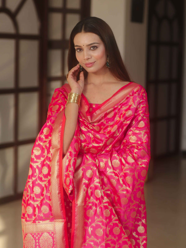 Banarasee Zari Work Semi Katan Salwar Kameez Fabric With Dupatta-Pink