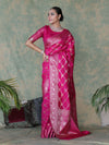 Banarasee Handloom Semi Silk Saree With Zari Jaal Work & Floral Border-Fuchsia Pink