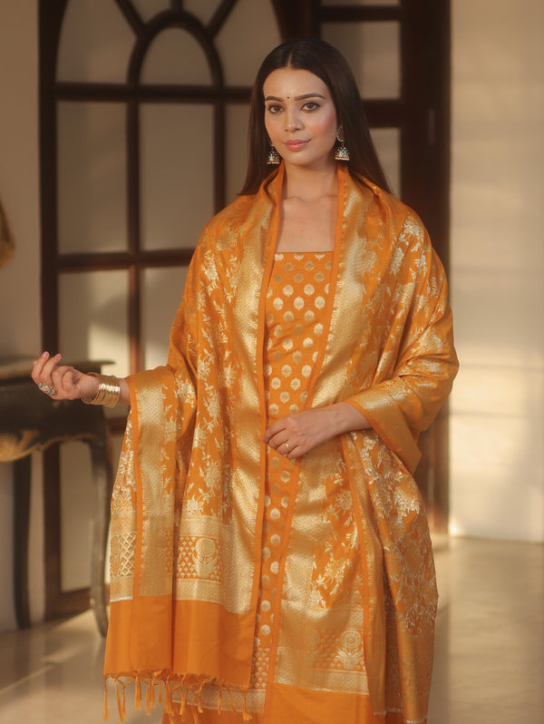 Banarasee Zari Work Semi Katan Salwar Kameez Fabric With Dupatta-Mustard Yellow