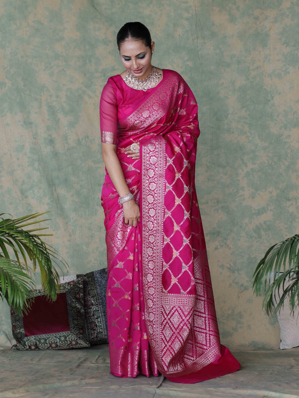 Banarasee Handloom Semi Silk Saree With Zari Jaal Work & Floral Border-Fuchsia Pink