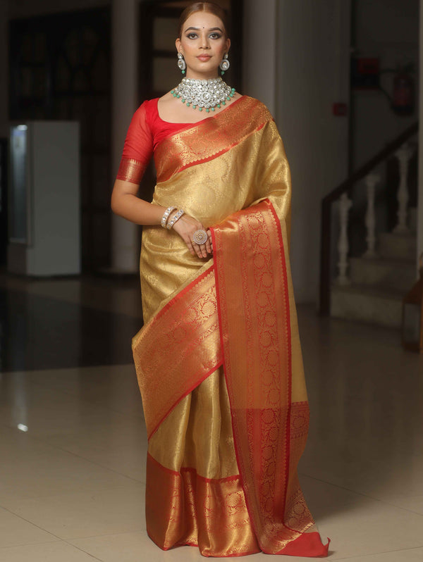 Banarasee Handwoven Broad Border Tissue Saree-Gold & Red